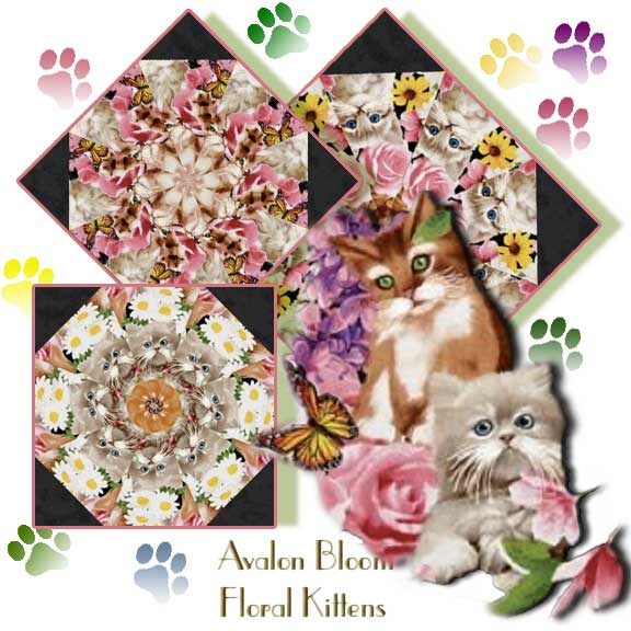 Floral Kittens Kaleidoscope quilt block kit