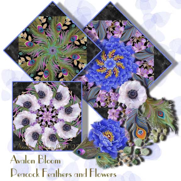 Peacock Feathers and Flowers Kaleidoscope Quilt Block Kit
