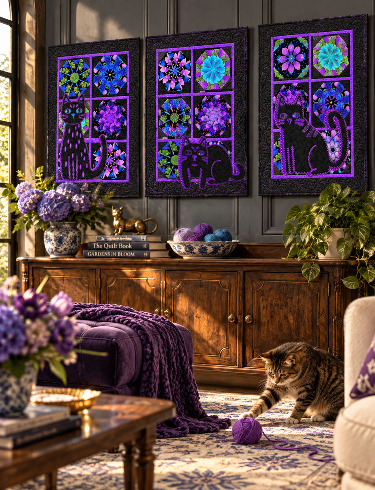 A Purrfect View Laser Cut Appliqué Cat 1 Quilt Hanging