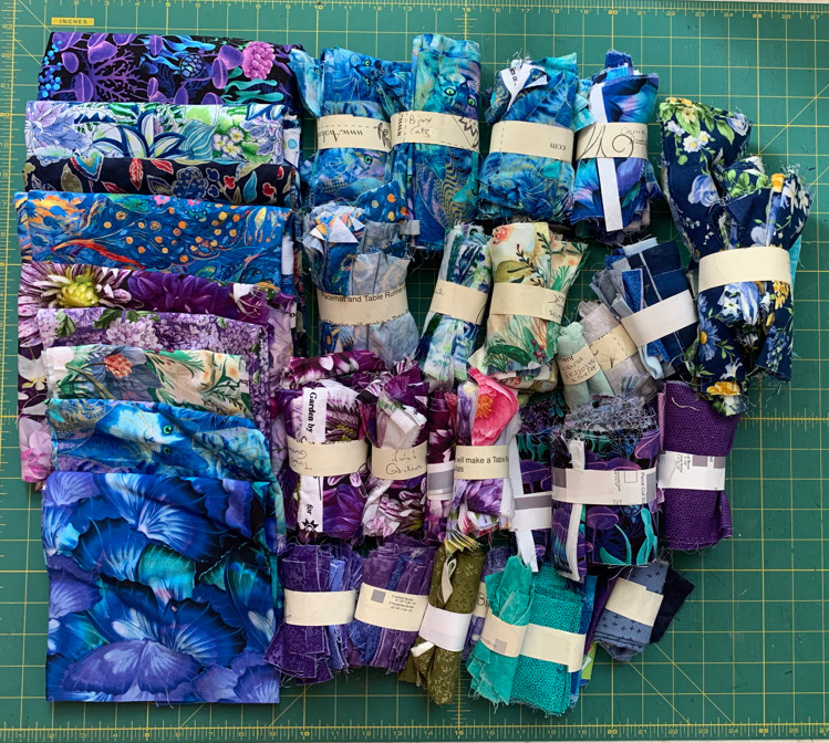 Stash Box of Blue,Purple and Green Scraps and Fabric