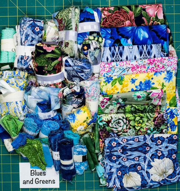 Blue and Green Stash Box of Fabrics and Scraps