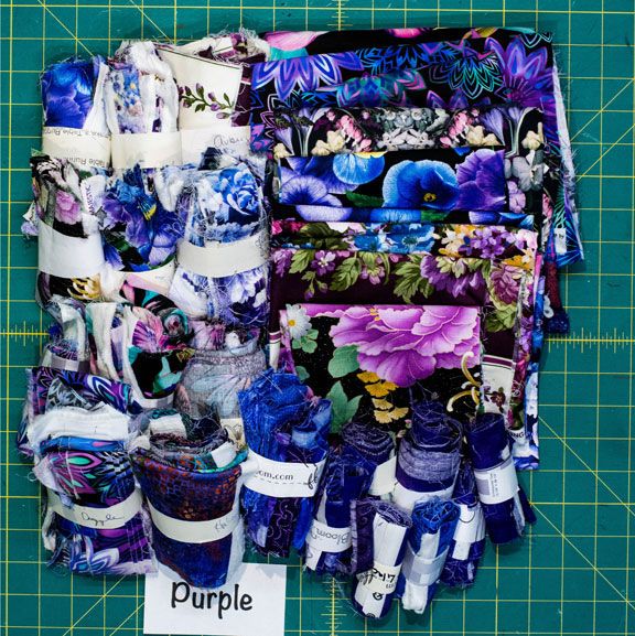 Stash Box of Purple Scraps and Fabric